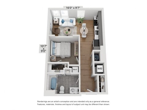 Floor plan for 1 bed, 1 bath, 610 sqft